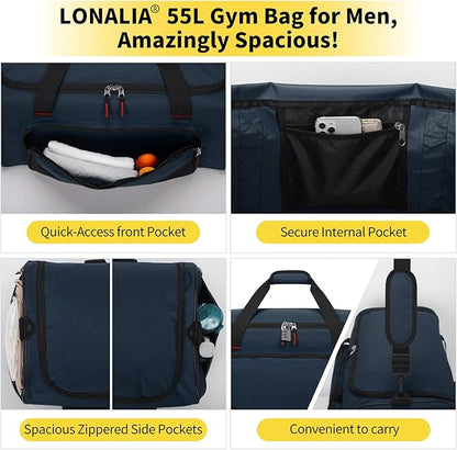 55L Large Sports Duffle Bag for Men - 22 inch Men's Gym Bag Heavy Duty Duffel Bag (Navy Blue)