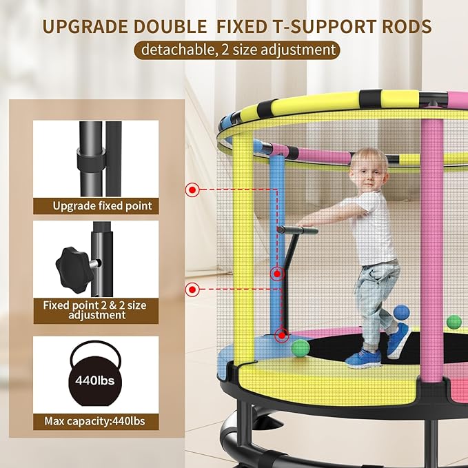 Trampoline for Kids, Full Anti-Rust 440lbs Anti-Rollover Round Bottom Toddler Trampoline, T-handrail Adjustable Baby Toddler Trampolines Dart Board