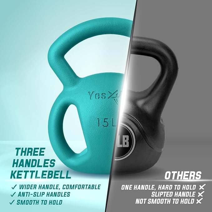 Yes4All Kettlebell, Strength Training Kettlebells for Women, Wide Multi-grip Textured Handle for Home Gym Exercises & Full Body Workout, Single 5–25 lb & Set of 10-15 lb
