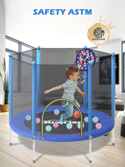 BLUERISE Trampoline 55IN 6FT Toddler Trampoline for Kids Indoor Outdoor Play for Kids Trampoline Basketball Hoop Attachment with Enclosure Net Easy to Assemble Outdoor Indoor Trampoline