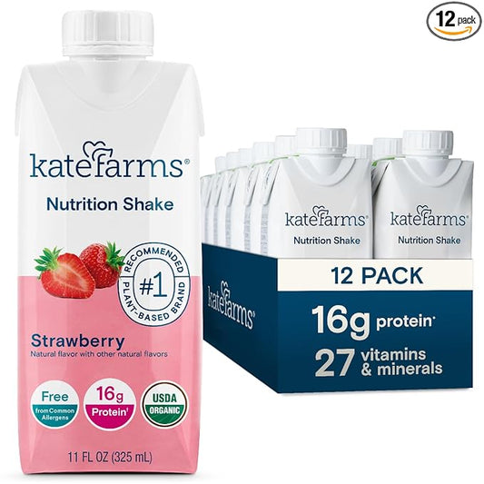 Kate Farms Organic Nutrition Shake, Strawberry, 16g Protein, 27 Vitamins and Minerals, Meal
