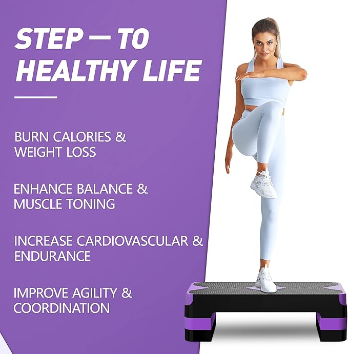 Aerobic Exercise Step, Adjustable Aerobic Stepper for Exercise, Workout Step Platform for Step Up, 26.5" Step Deck with 4??6??8??Adjustable Height Risers, Women Home Gym Cardio Fitness
