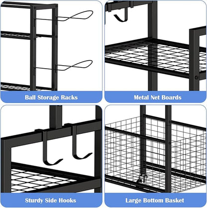 OYEAL Freestanding Ball Rack with Wheels Garage Basketball Storage Cart Outside Sports Equipment Organizer Ball Holder with Storage Baskets for Basketball, Soccer, Volleyball, Football, Black