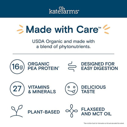 KATE FARMS Organic Nutrition Shake, Vanilla, 16g Protein, 27 Vitamins and Minerals, Protein Meal Replacement Drink, Protein Shake, 11 oz (12 Pack)