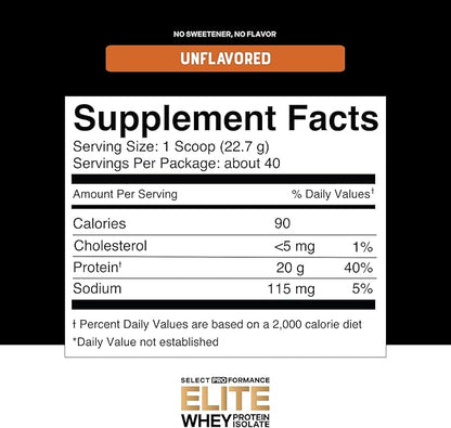 Select Proformance Elite Whey Protein Isolate Powder, Unflavored, NSF Certified, No Added Sugar, 20g of Protein per Serving, 40 Servings, 2 Lbs
