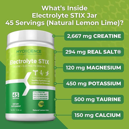 MYOXCIENCE Electrolyte STIX | Creatine Electrolyte Powder | Recovery from Exercise & Muscle Development w/Real Salt (Lemon Lime Flavor) (Jar 45 ct)