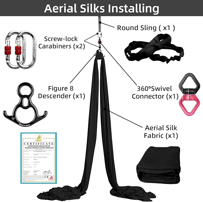 PRIOR FITNESS Aerial Silks Set, Professional Thicker Low Stretch Fabric 9/15/20 Yards Aerial Silk Swing Set with Hardware Guide, Yoga Starter Kit For Home, Aerial Yoga Hammock, Silks for Gymnastics, Antigravity Yoga, Inversion Exercise-All Levels