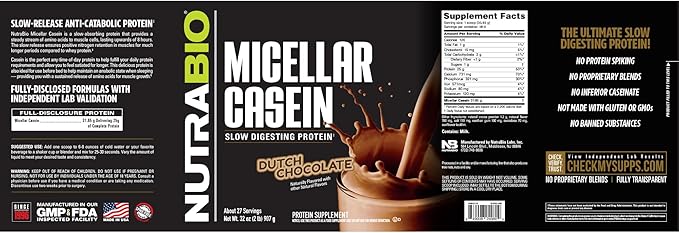 NutraBio Casein Protein Powder, Micellar Casien Powder, 25g Slow Digesting Protein, Helps Keep You Full, Overnight Muscle Recovery & Growth, BCAA & EAA, Gluten Free, Soy Free, 2lb Chocolate