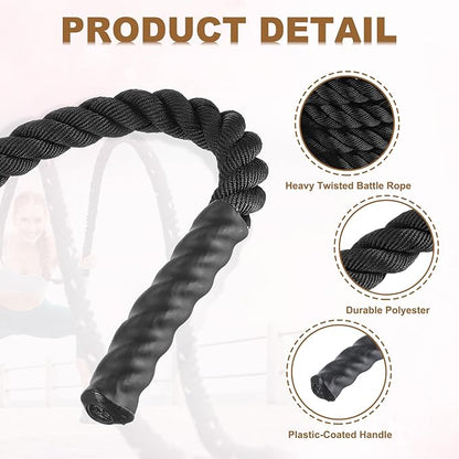 MECCANIXITY Battle Rope 10ft x 1.5 Inch Polyester Workout Rope Heavy Fitness Exercise Rope for Strength Training Home Gym Muscle Building, Black