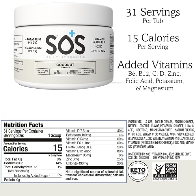 SOS Hydration Coconut Electrolyte Drink Mix (31 Servings) – Low Sugar, 15 Calorie, Keto-Friendly & Rapid Rehydration