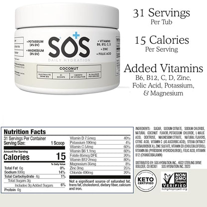 SOS Hydration Coconut Electrolyte Drink Mix (31 Servings) – Low Sugar, 15 Calorie, Keto-Friendly & Rapid Rehydration