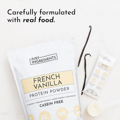 JUST INGREDIENTS French Vanilla Protein Powder ??30 Serving Bag ??Grass-Fed Whey & Plant Protein Blend with Real Vanilla Bean ??Sweetened with Coconut Sugar & Monk Fruit, Non-GMO, Gluten-Free