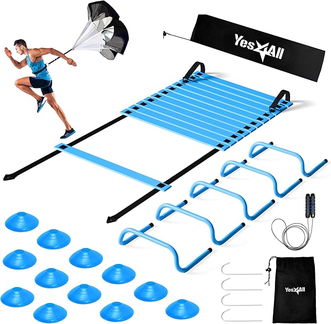 Yes4All Agility Ladder Speed Training Equipment Set - 1 Adjustable Agility Ladder, 12 Soccer Cones, 5 Hurdles, Jump Rope, Running Parachute - Speed & Agility Training Equipment for All Ages