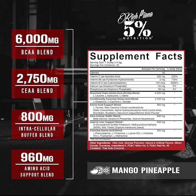 5% Nutrition Rich Piana AllDayYouMay BCAA Powder | Premium Intra & Post Workout Amino Acids, Hydration, Endurance, Muscle Recovery, Joint & Liver Support | 15.3 oz, 30 Servings (Mango Pineapple)