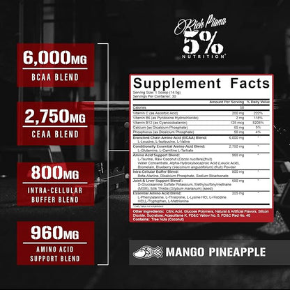 5% Nutrition Rich Piana AllDayYouMay BCAA Powder | Premium Intra & Post Workout Amino Acids, Hydration, Endurance, Muscle Recovery, Joint & Liver Support | 15.3 oz, 30 Servings (Mango Pineapple)