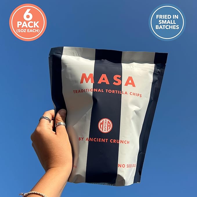MASA Chips Blue Corn Tortilla Chips - Naturally Grown Blue Corn with Grass Fed Tallow and Sea Salt Tortilla Chips - No Seed-Oil Snacks - 6 Pack, 5 Ounce Each