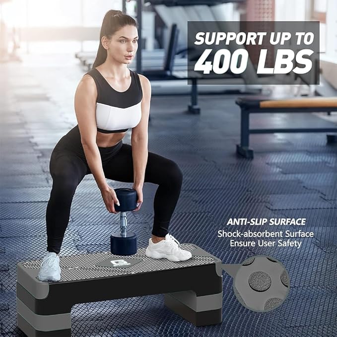 Aerobic Exercise Step, Adjustable Aerobic Stepper for Exercise, Workout Step Platform for Step Up, 26.5" Step Deck with 4??6??8??Adjustable Height Risers, Women Home Gym Cardio Fitness