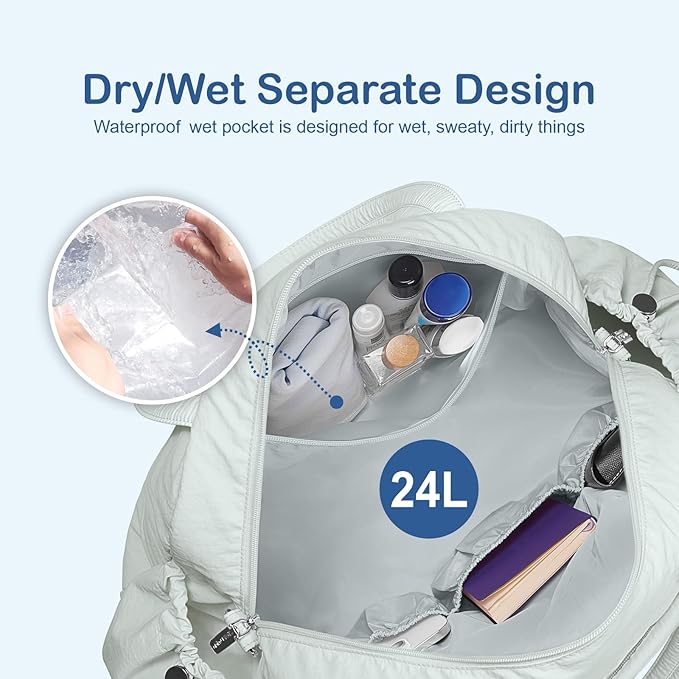 TOPDesign Travel Duffel Bag for Women, Puffer Gym Bag Sports Tote with Wet Pocket, Carry On Weekender with Luggage Sleeve (Serene Blue)