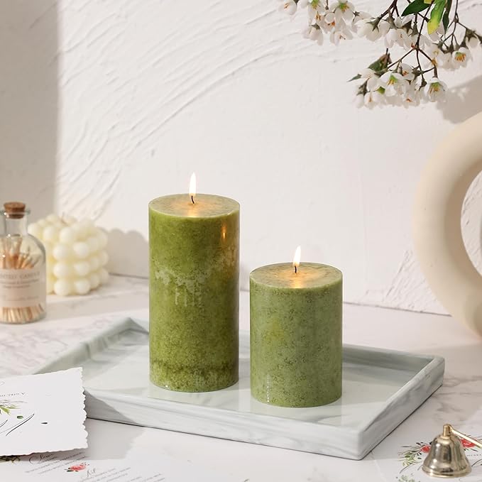 3x6 inch Green Pillar Candles Set of 3, Unscented Pillar Candle, Dripless and Smokeless Large Candles, Candle for Home Decor, Dinner Table,Weddings, Holidays