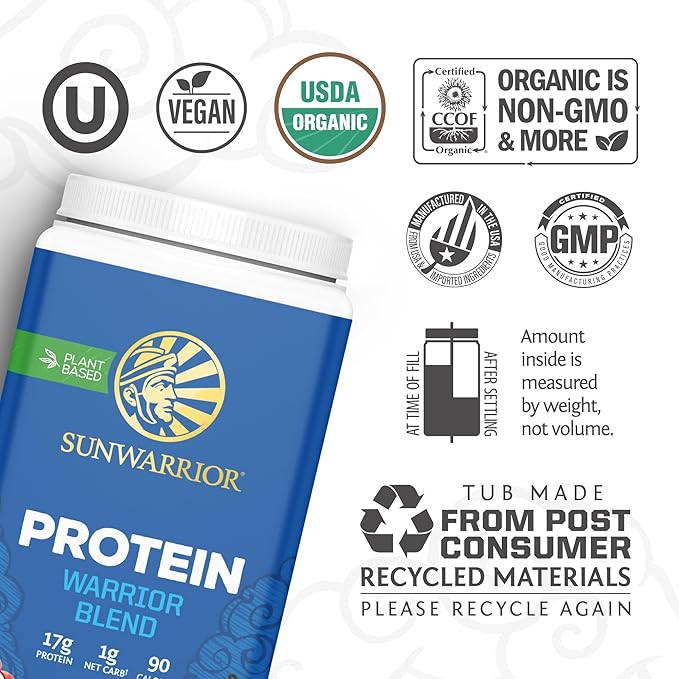 Sunwarrior Vegan Protein Powder Organic Plant-Based Protein | BCAA Amino Acids Hemp Seed Plant Protein | Soy Free Dairy Free Gluten Free Synthetic Free Non-GMO | Vanilla 30 Servings | Warrior Blend
