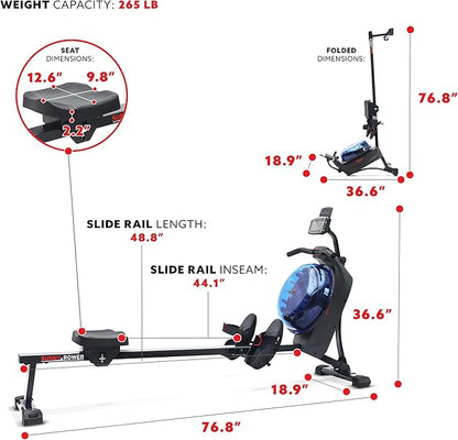 Sunny Health & Fitness Elite Water Rowing Machine with High Dynamic Resistance Vertical Tank, Low-Impact Full-Body Workout and Optional Free SunnyFit App Connectivity