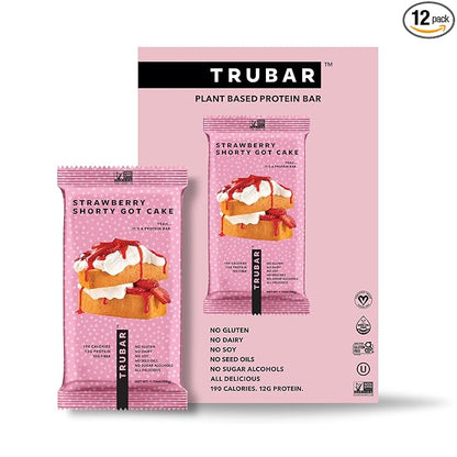 TRUBAR Vegan Protein Bar, Strawberry Shorty Got Cake, Gluten Free, Plant Based Protein, Dairy Free, Non GMO, Soy Free, No Sugar Alcohols, 12G Protein, 12G Fiber, 23G Carb, On the Go Snack Bars, 12 CT
