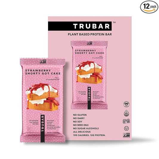 TRUBAR Vegan Protein Bar, Strawberry Shorty Got Cake, Gluten Free, Plant Based Protein, Dairy Free, Non GMO, Soy Free, No Sugar Alcohols, 12G Protein, 12G Fiber, 23G Carb, On the Go Snack Bars, 12 CT