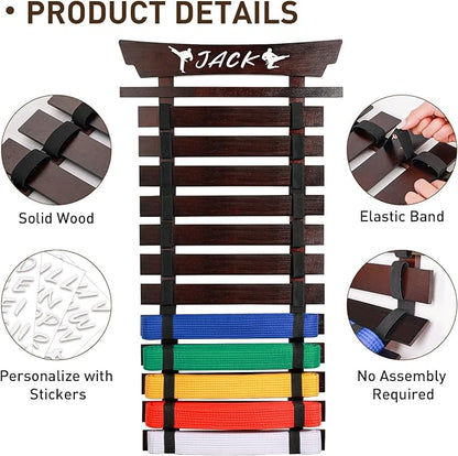 12 Belts Karate Belt Display Rack with Stickers, Martial Arts Belt Display Holder, Taekwondo Belt Jiu Jitsu Belt BJJ Belt Display Hanging Holder for Adults
