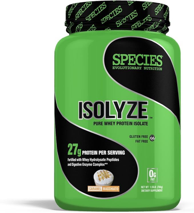 Species Nutrition Isolyze Whey Protein Powder, 100% Whey Isolate for Muscle Building, 27.5g Protein Per Scoop, No Sugar & Low Fat (Caramel Macchiato, 22 Servings)