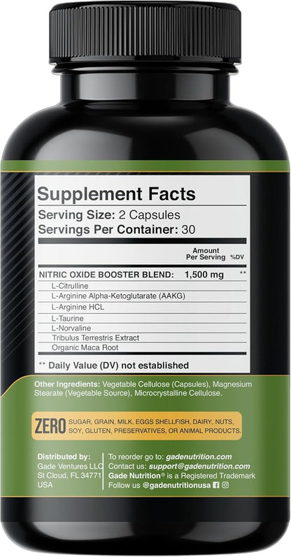 Gade Nutrition Nitric Oxide Supplement - L Arginine Capsules ??Helps to Improve Energy, Endurance & Performance - Pre Workout - Muscle Builder - with All Essential Amino Acid and Maca Root