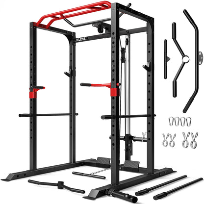 JELENS S11 Power Cage, 2000LB Multi-Function Power Rack with LAT Pulldown, Squat Rack with