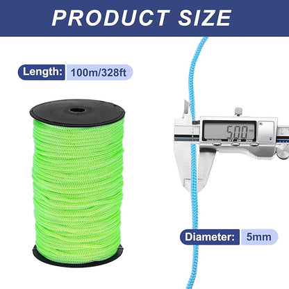 MECCANIXITY 3/16 Inch Polypropylene Rope Braided Ropes, 328ft Nylon Rope Hollow Utility Cord for Clothesline, Camping, Hiking, Outdoor, Fruit Green