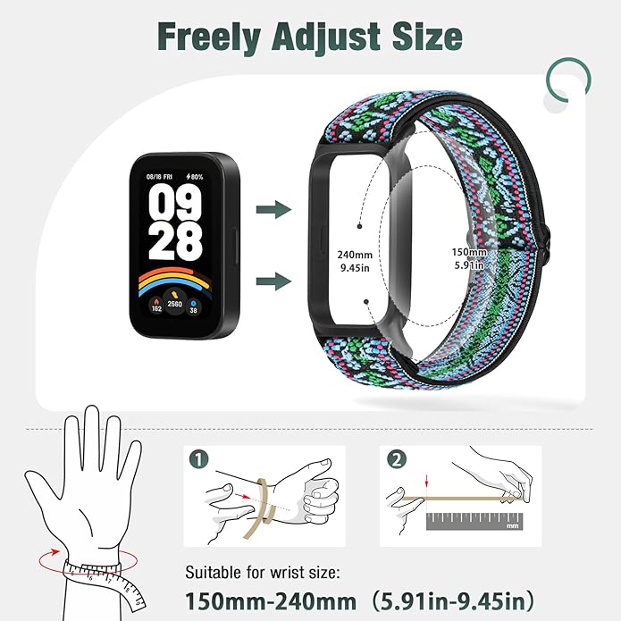 2 Pack Elastic Bands Compatible with Xiaomi Smart Band 9 Active Women Men, Soft Nylon Replacement Sport Wriststrap for Redmi Band 3