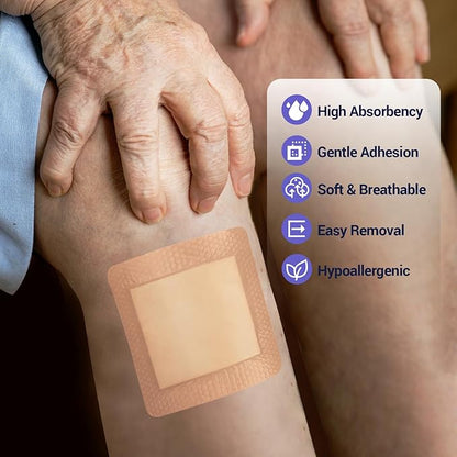 Silicone Foam Dressing 4" x 4" with Border, High Absorbency Wound Bandage, Gentle Adhesion, Soft Breathable Silicone Bandages for Wound Care, Pack of 5