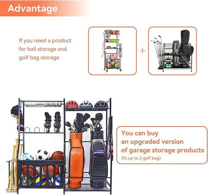 WALMANN Garage Sports Equipment Organizer, Golf Bag Stand for Garage Ball Storage Rack Indoor/Outdoor Kids Toys Storage Organizer Bins, Ball Holder with Baskets