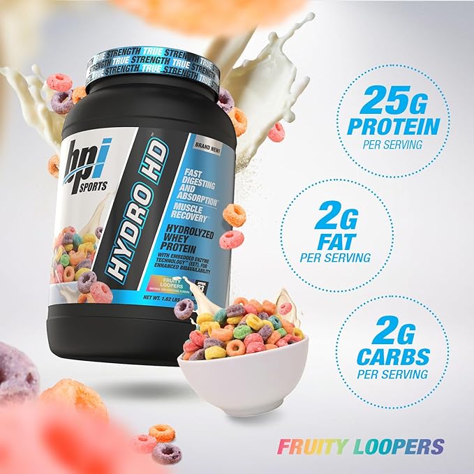 BPI Sports Hydro HD - 100% Hydrolyzed Whey Protein Powder - Muscle Growth, Recovery, 25g of Hydrolyzed Protein, Low Carb, Low Sugar, Fast Absorbing (23 Servings, Fruity Loopers)