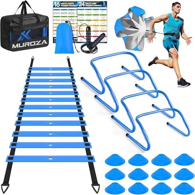 Agility Ladder, Speed Training Equipment Set, 20ft Agility Ladder, 12 Soccer Cones, 4 Hurdles, Jump Rope, Running Parachute, Basketball Football Soccer Training Equipment for Kids, Youth, Adults