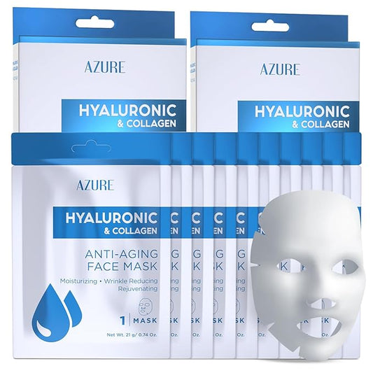 AZURE Hyaluronic Acid & Collagen Anti Aging Sheet Facial Mask - Rejuvenating & Moisturizing Face