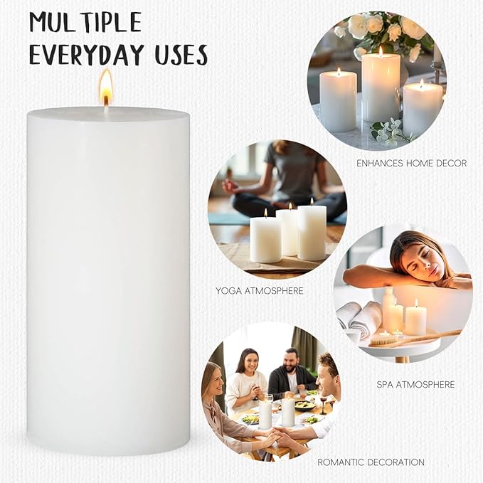 3 Packs Unscented Different Sizes White Pillar Candles, Non-Toxic Dripless Smokeless 3x4, 3x6, 3x8 Inch Cylinder Candles for Wedding, Home Decor, Dinner Table, Party, Power Outage, Emergency