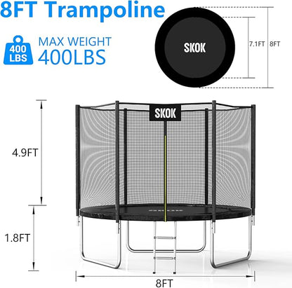SKOK Trampoline 8FT 10FT 12FT 14FT 15FT Trampolines with Enclosure Net, 400LBS Outdoor Trampolines for Kids with Basketball Hoop-ASTM Approved Trampoline for Children and Adults with Ladder