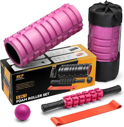 5 in 1 Foam Roller Set for Deep Tissue Muscle Massage, High Density Fitness Exercise Foam Roller, Massage Roller, Massage Ball, Resistance Band, for Whole Body (Pink-Black)