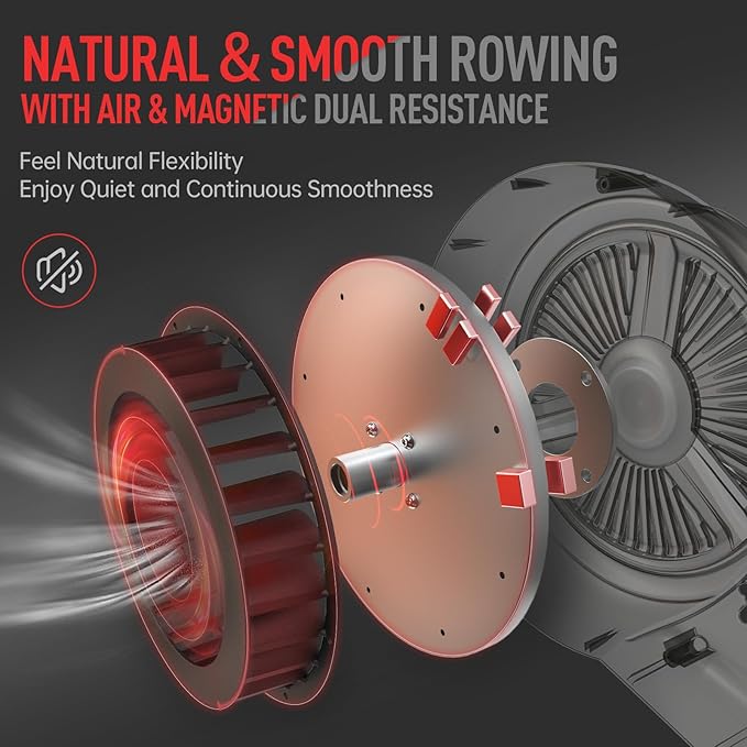 JOROTO Rowing Machine for Home Foldable, Air Magnetic Rowing Machines with 10-Level Adjustable Resistance, Quiet Ergonomic Seat，Bluetooth App, Max 350LBS, Space-Saving Home Gym, Gray