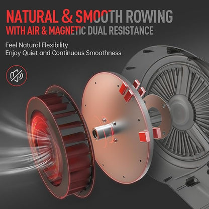 JOROTO Rowing Machine for Home Foldable, Air Magnetic Rowing Machines with 10-Level Adjustable Resistance, Quiet Ergonomic Seat，Bluetooth App, Max 350LBS, Space-Saving Home Gym, Gray