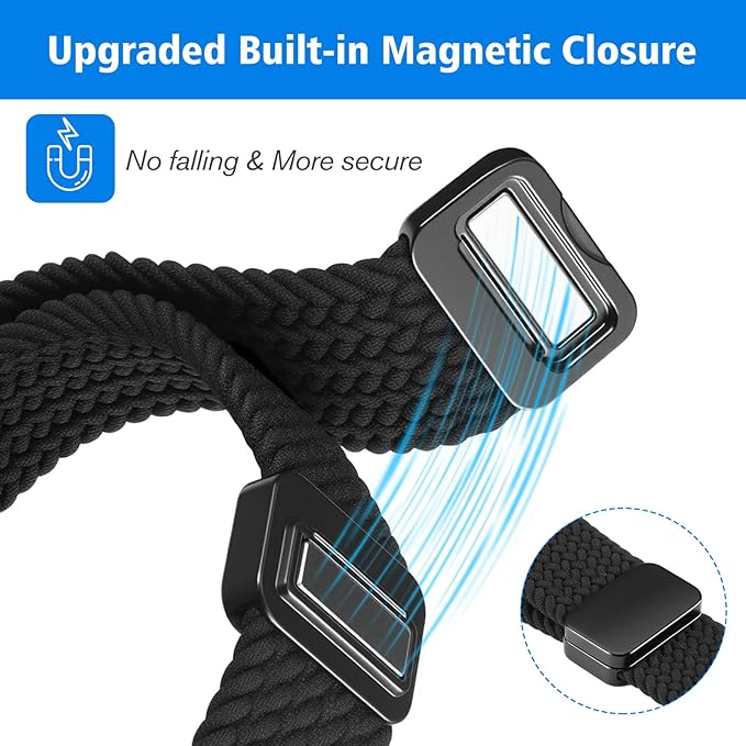FINTIE Magnetic Braided Band Compatible with Garmin Vivoactive 5/6/Vivoactive 3, Garmin Venu/Venu Sq/Sq 2/Forerunner 55/165/645/245 Music, 20mm Stretchy Nylon Elastic Sport Strap, Black