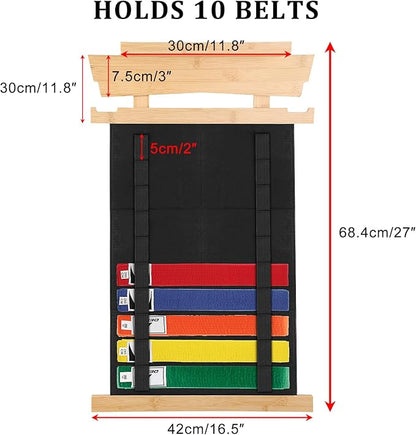 JUXYES Wall Hanging Martial Arts Belts Organizer with Trophy and Medal Display Rack, Bamboo Karate Belt Display Holder Rack, Wall Mounted Taekwondo Belt Display Holder for Martial Arts Learners