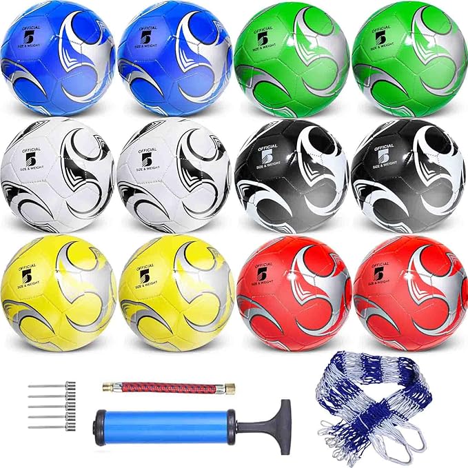 12-Pack Training Soccer Balls Size 5/4/3 with Pump – Bulk Deflated Balls for Teens and Adults, Ideal for Indoor Outdoor Practice, School Activities, Sports Events, Party Favors Gifts
