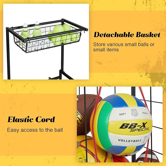 Sports Equipment Organizer, Small Garage Ball Storage Rack with Elastic Straps and 3 Hooks, Garage Organization Storage Rack for Balls and Sports Equipment, Toy Organizer Stand for Room, Gym, Black