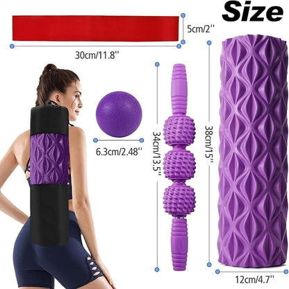 5 in 1 Foam Roller Set Trigger Point Foam Roller, Massage Roller Stick, Massage Ball, Stretching Strap for Deep Muscle Massage Pilates Yoga, Fitness Exercise for Whole Body (Purple Diamond)