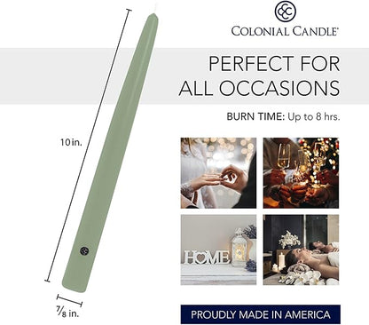 Colonial Candle Unscented Taper Candle, Handipt Collection, Colonial Classic Green, 10 in, Pack of 12 - Up to 8 Hours Burn