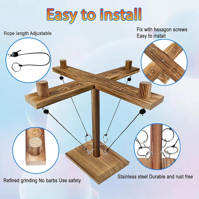 Hook Toss Game, Ring Toss Game, Handmade Wooden Ladder, Throwing Hook and Ring Battle Game for Family